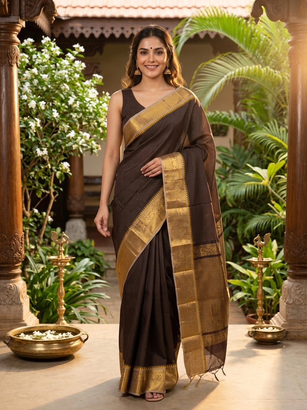 Dark Brown and Gold Chettinad Cotton Saree