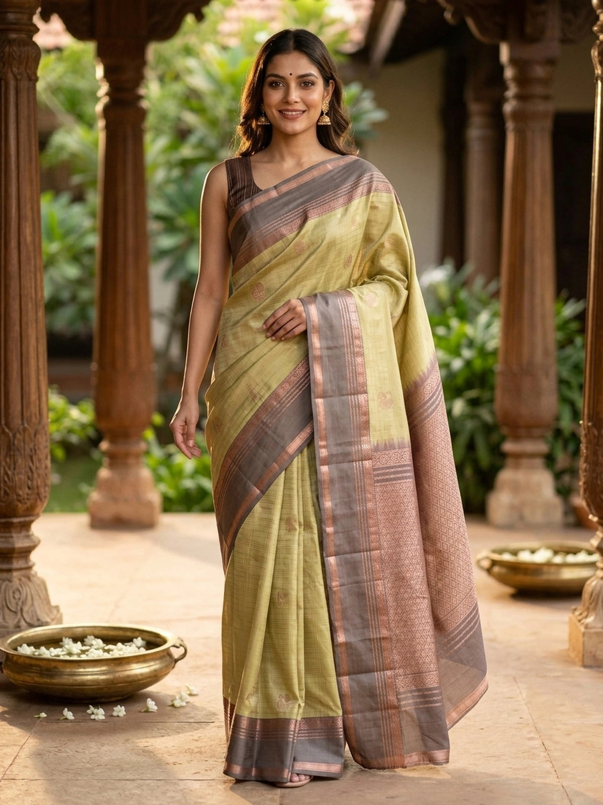 Mehendi green pure Kanchipuram silk saree with grey-brown contrast border and copper zari pallu