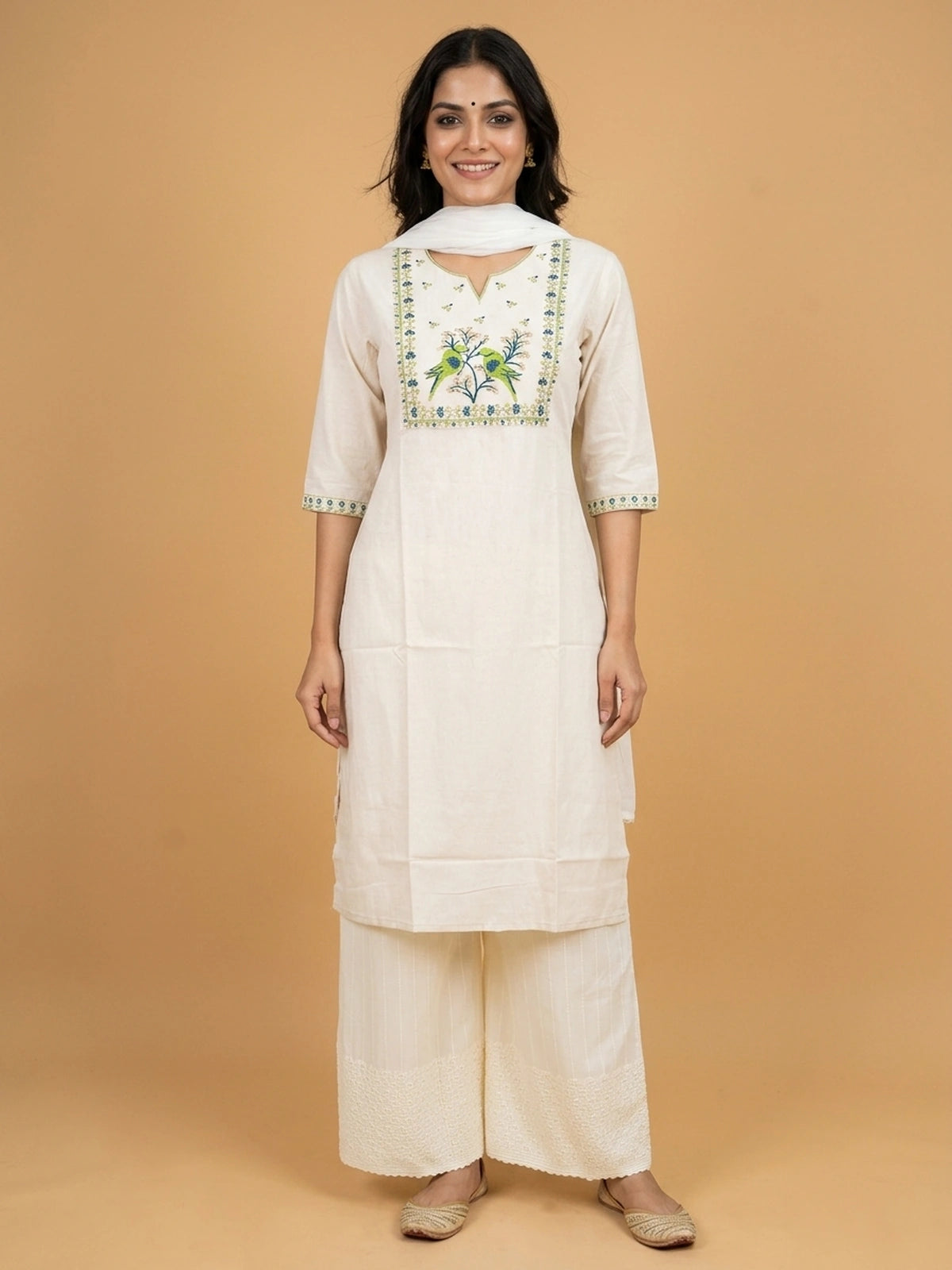 Off-White Cotton Bird Embroidered Anarkali Kurti Top with green and blue parrot motif yoke
