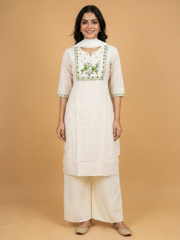 Off-White Cotton Bird Embroidered Anarkali Kurti Top with green and blue parrot motif yoke