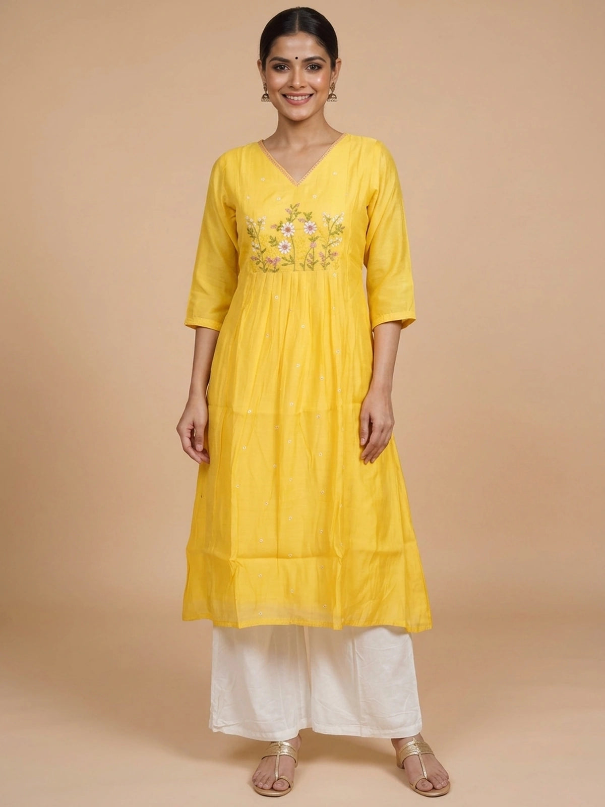 Yellow floral embroidered Anarkali kurti top with V-neck and 3/4 sleeves