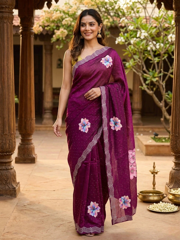 Magenta designer saree with multicolour floral print and silver stone-work border