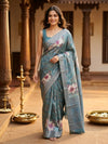 Teal Blue and Gold Semi Tussar Saree