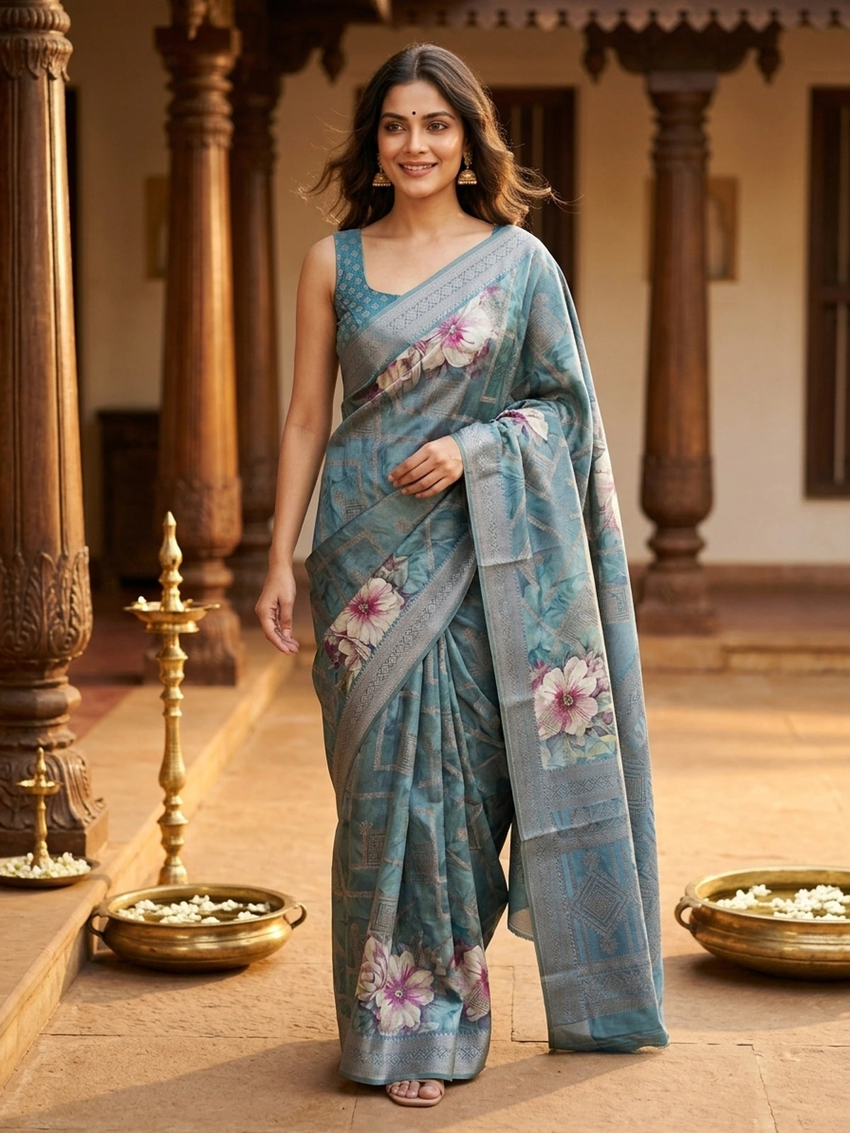Teal blue semi tussar saree with floral print, diamond zari grid and contrast geometric border