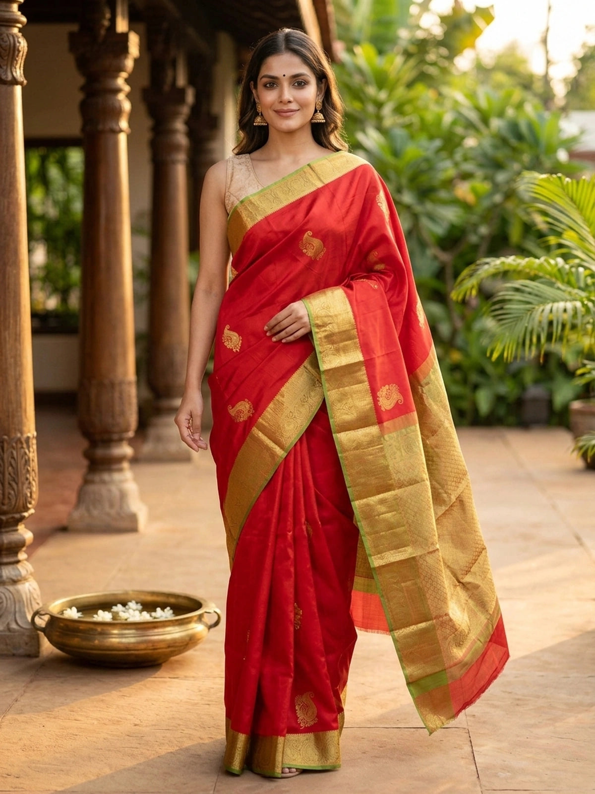 Red pure Kanchipuram silk saree with contrast green and gold zari border and paisley motifs