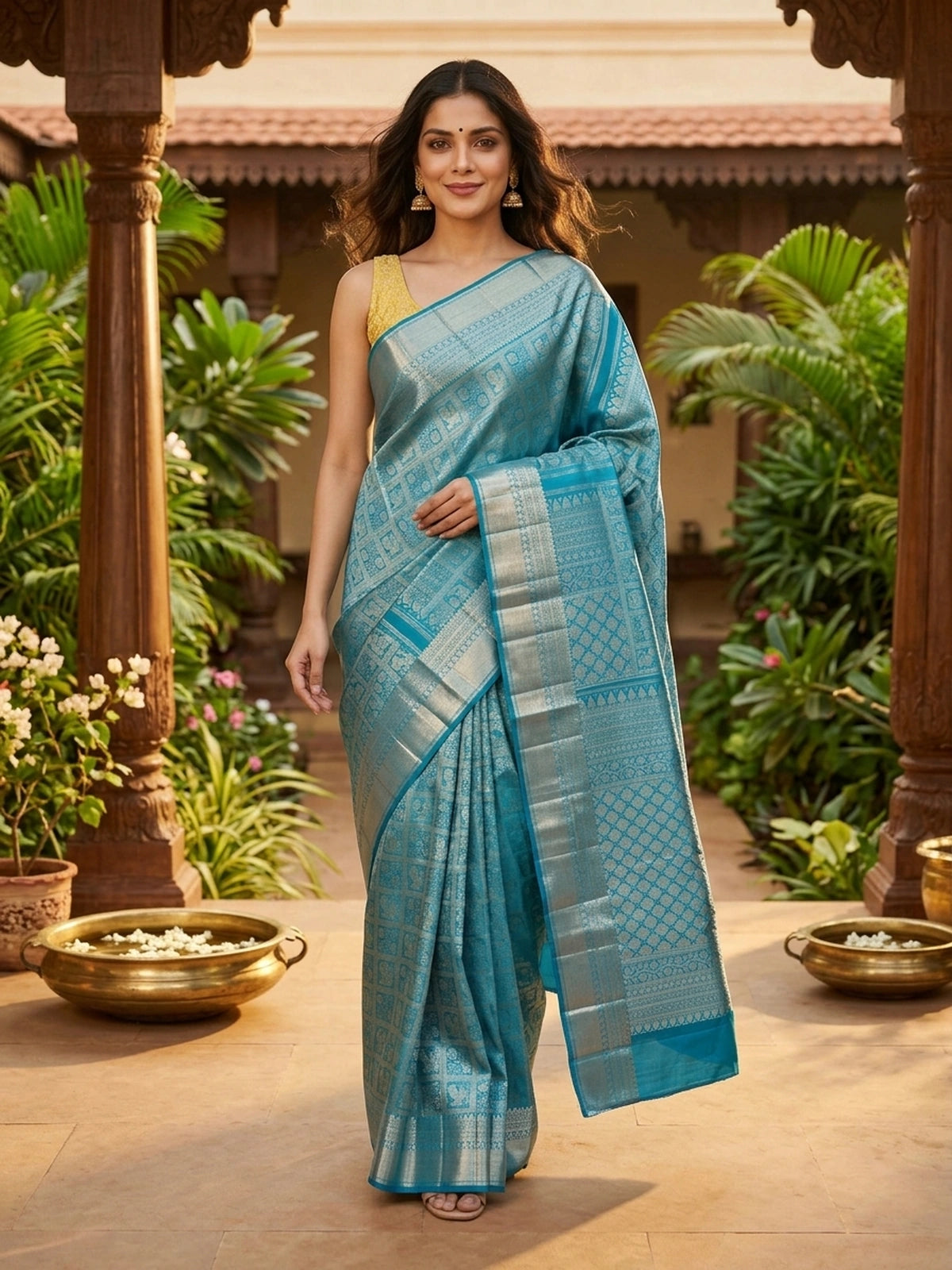 Peacock Blue and Silver Pure Kanchipuram Silk Saree