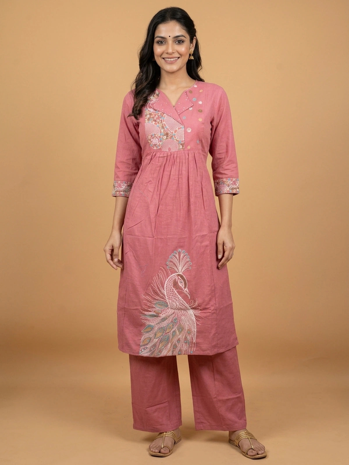 Rose Pink Cotton Peacock Kantha Embroidered Straight Cut Kurti Set with straight-fit pants