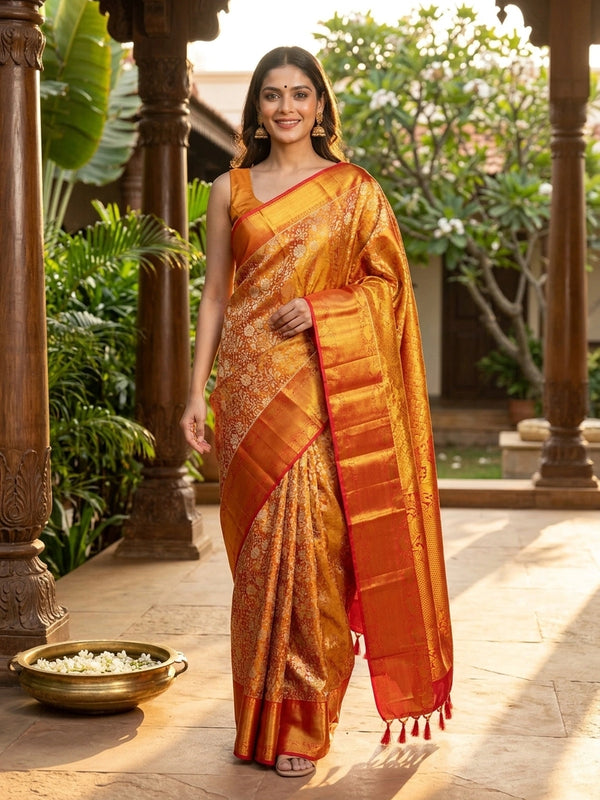 Mustard gold pure Kanchipuram silk saree with floral zari jaal body and contrast red gold zari border