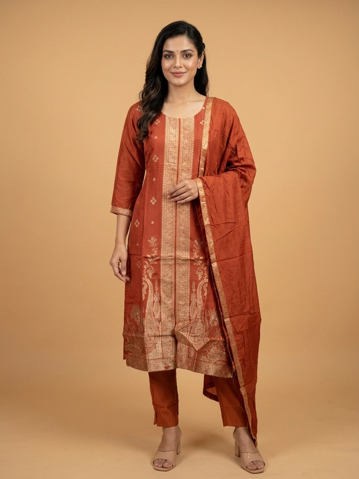 Rust Banarasi silk zari woven straight cut kurti set with matching pants and dupatta