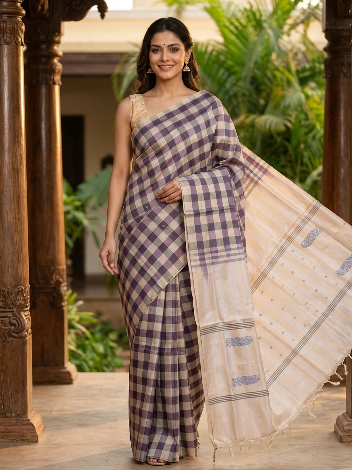 Mauve purple and cream checked banana silk saree with contrast cream pallu and woven paisley motifs