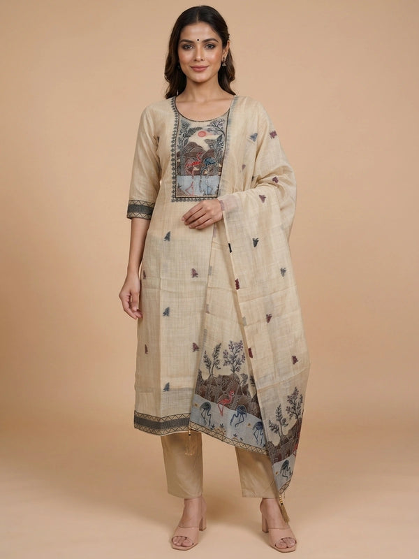 Beige Kota cotton straight cut kurti set with folk-art embroidered yoke and matching dupatta