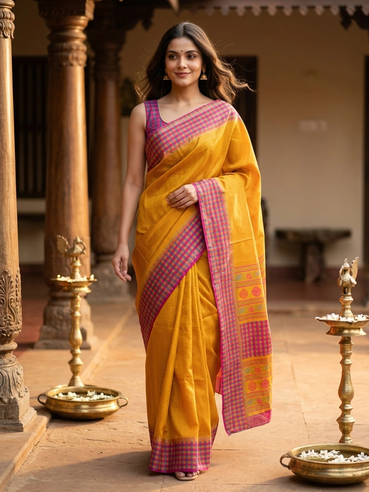 Mustard yellow Dola silk saree with pink checks and contrast multicolour checked border