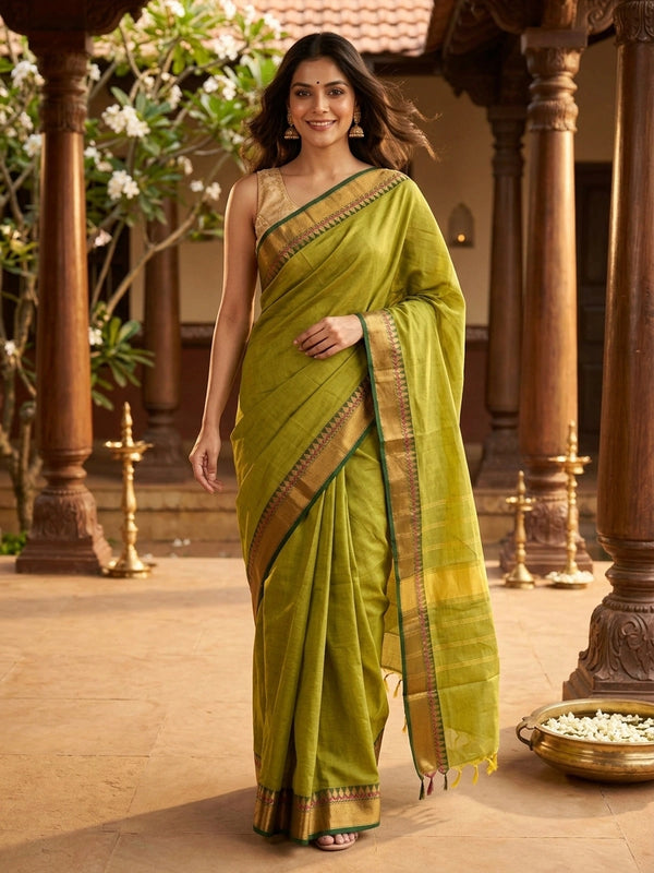 Mehndi green Chettinad cotton saree with contrast dark green gold zari border and striped pallu