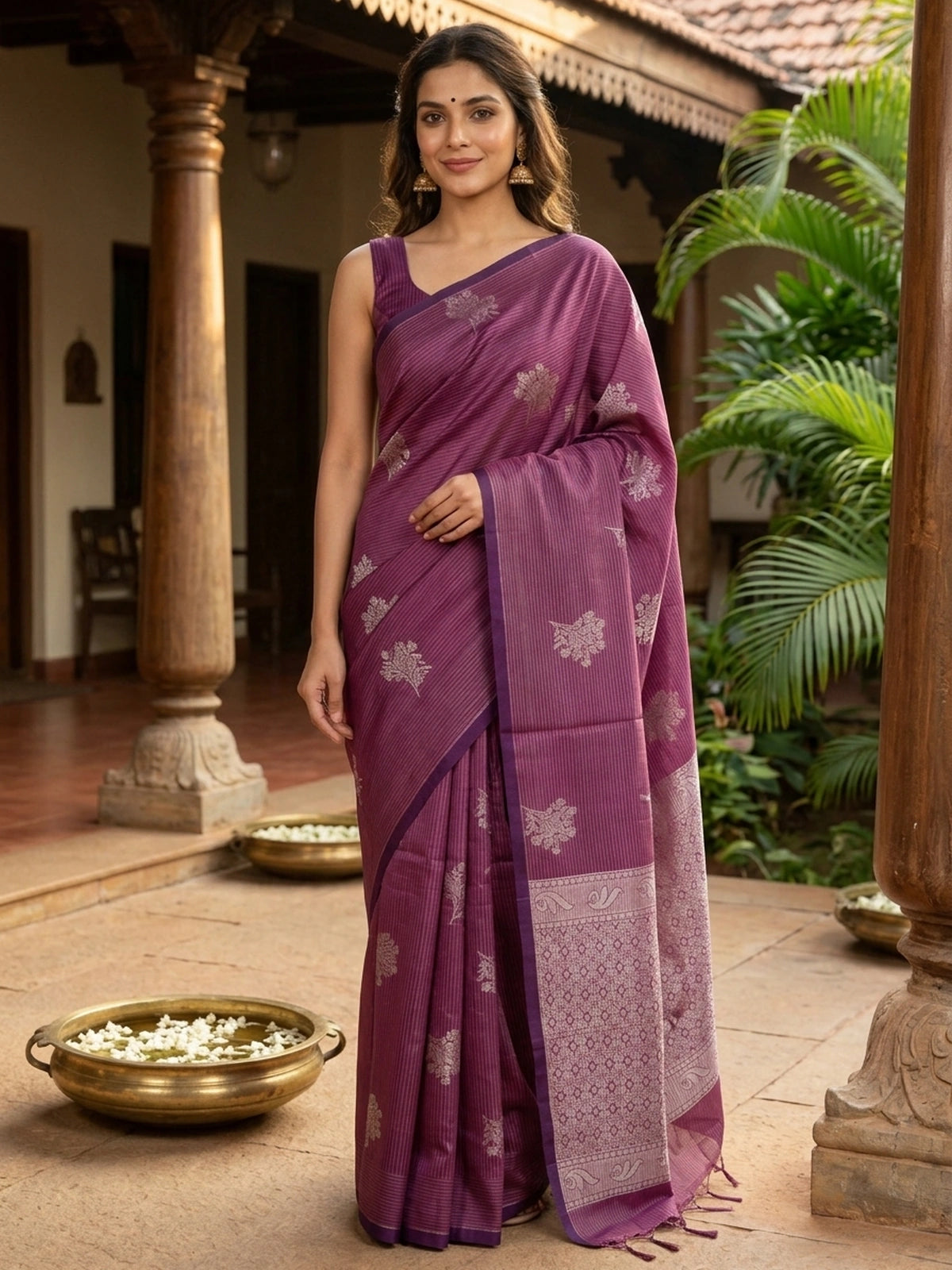 Wine purple silk cotton saree with silver zari floral buttas, contrast border, and ornate zari pallu