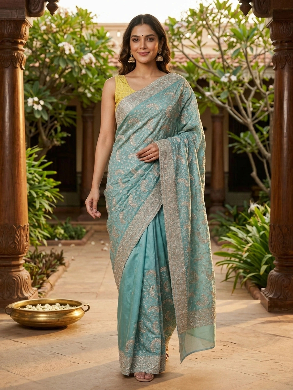 Sea Green and Gold Designer Silk Saree
