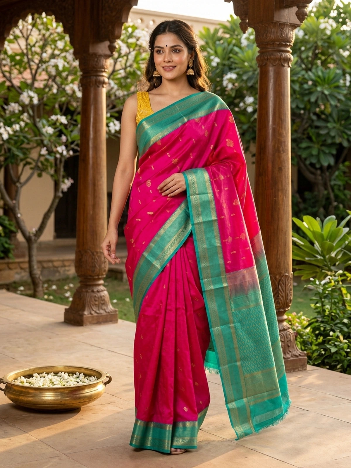 Rani Pink and Teal Green Kanchipuram Fancy Silk Saree