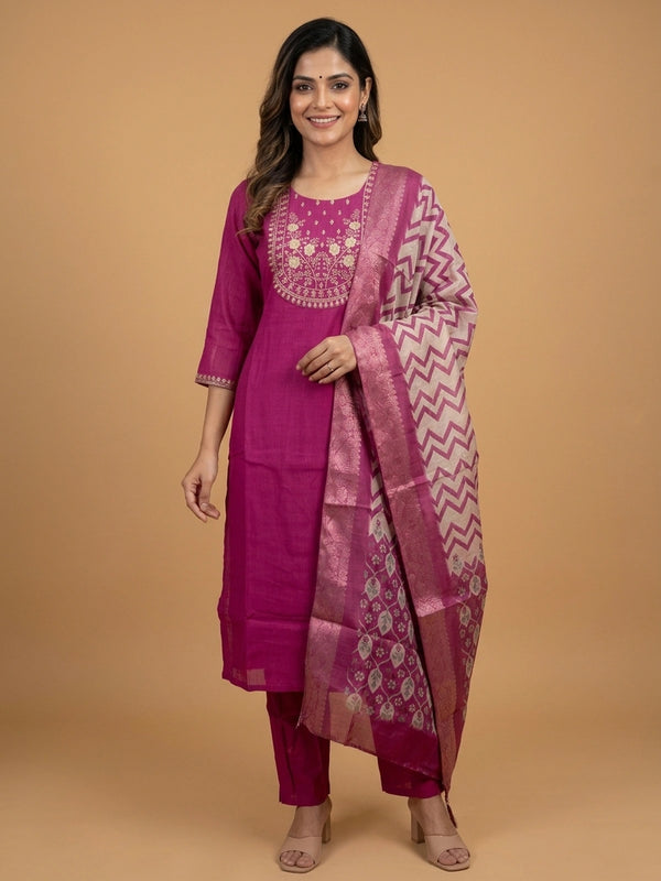 Rani Pink zari embroidered art silk straight cut kurti set with printed dupatta and pants
