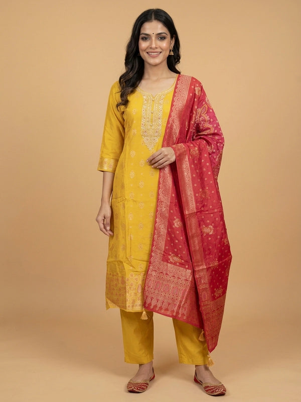 Mustard yellow zari woven silk straight cut kurti set with red woven dupatta and matching straight pants