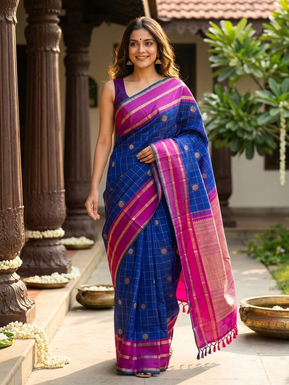 Royal Blue and Magenta Pure Kanchipuram Silk Saree