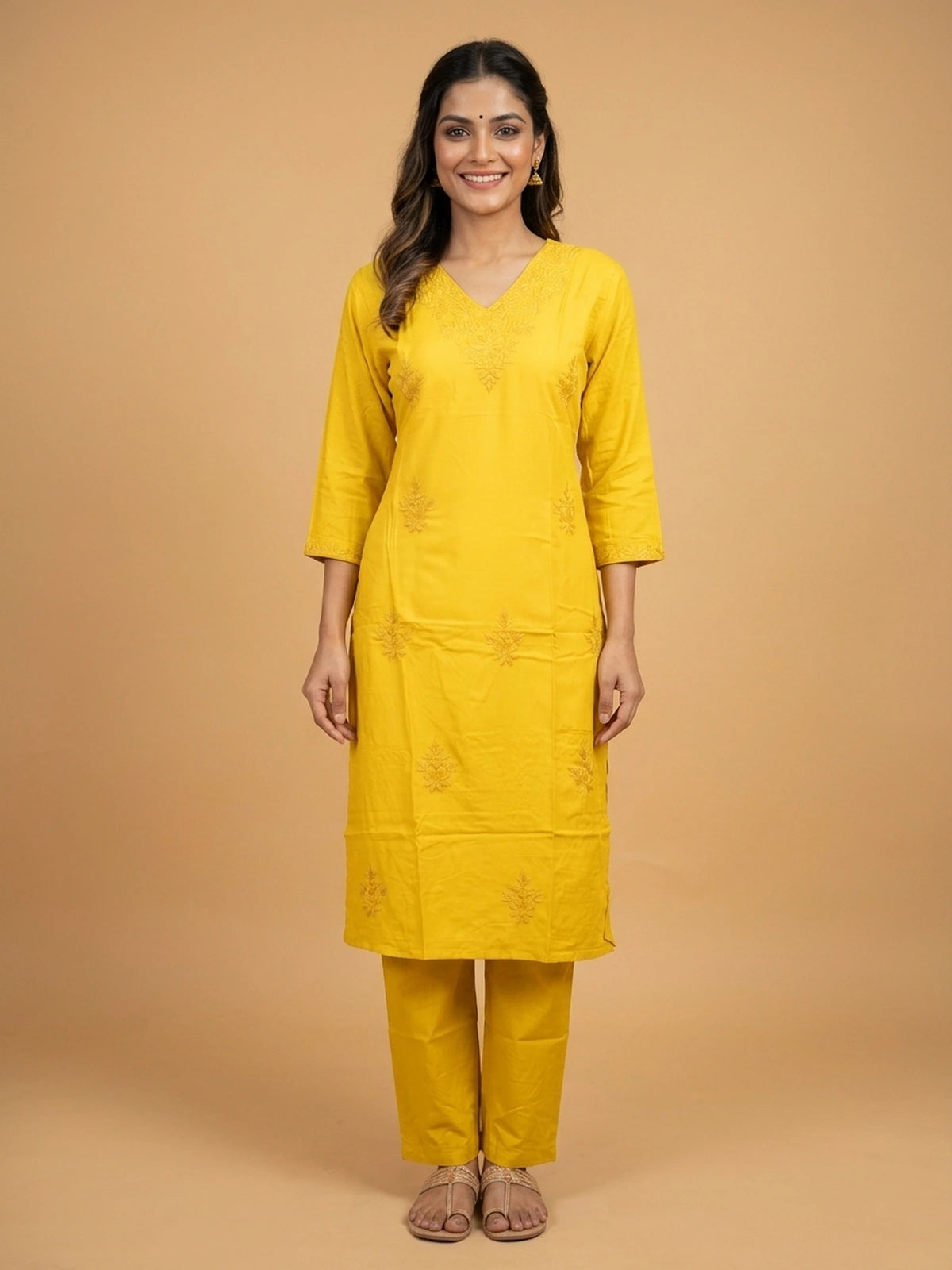 Yellow cotton chikankari embroidered straight cut kurti set with matching pants
