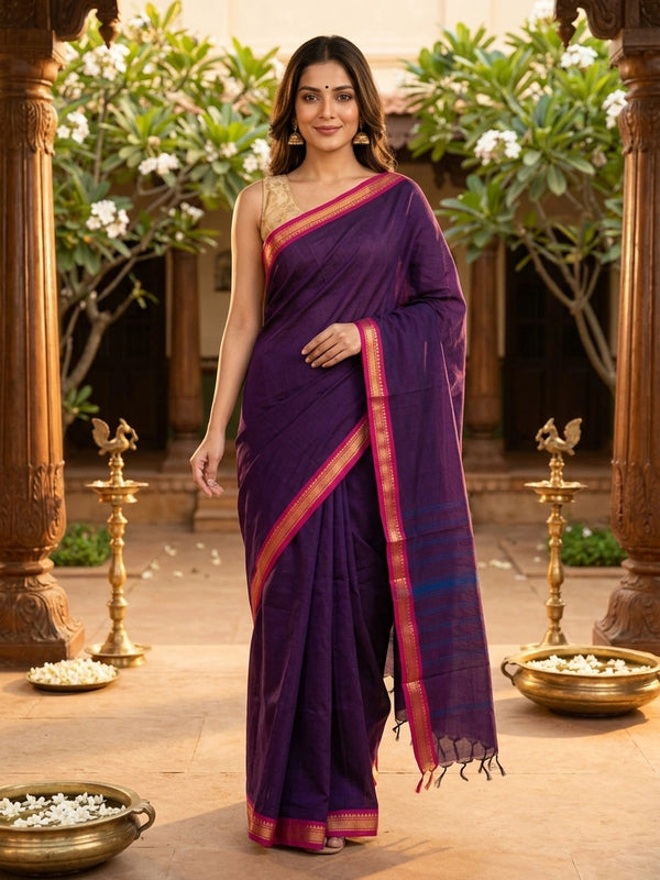 Purple Chettinad cotton saree with pink gold zari temple-motif border and blue-striped pallu