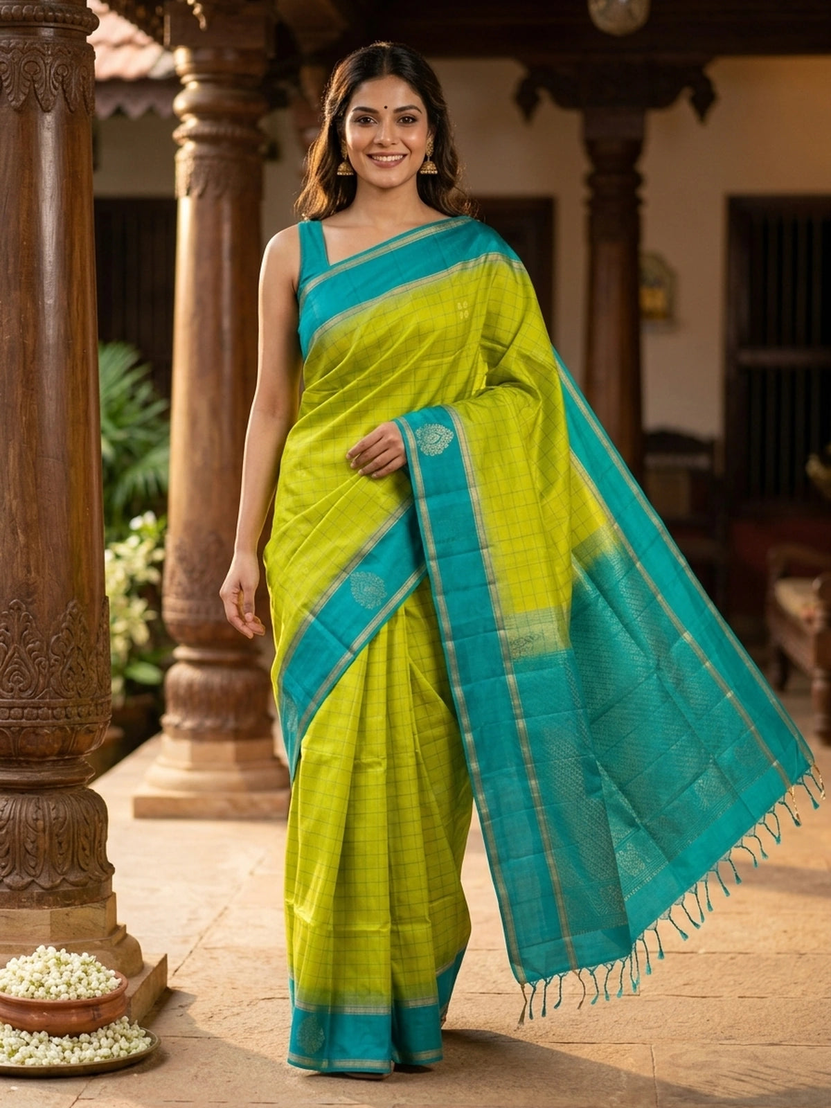 Lime Green and Teal Blue Pure Soft Silk Saree