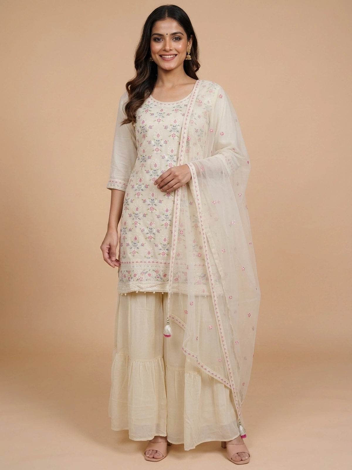 Cream multicolour floral embroidered straight cut kurti sharara set with net dupatta