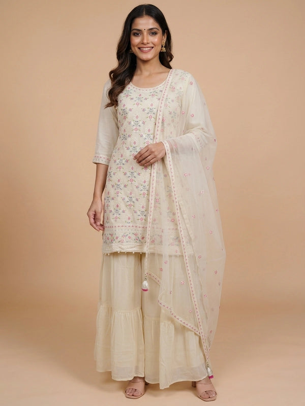 Cream multicolour floral embroidered straight cut kurti sharara set with net dupatta