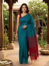 Teal Blue and Red Pure Silk Cotton Saree
