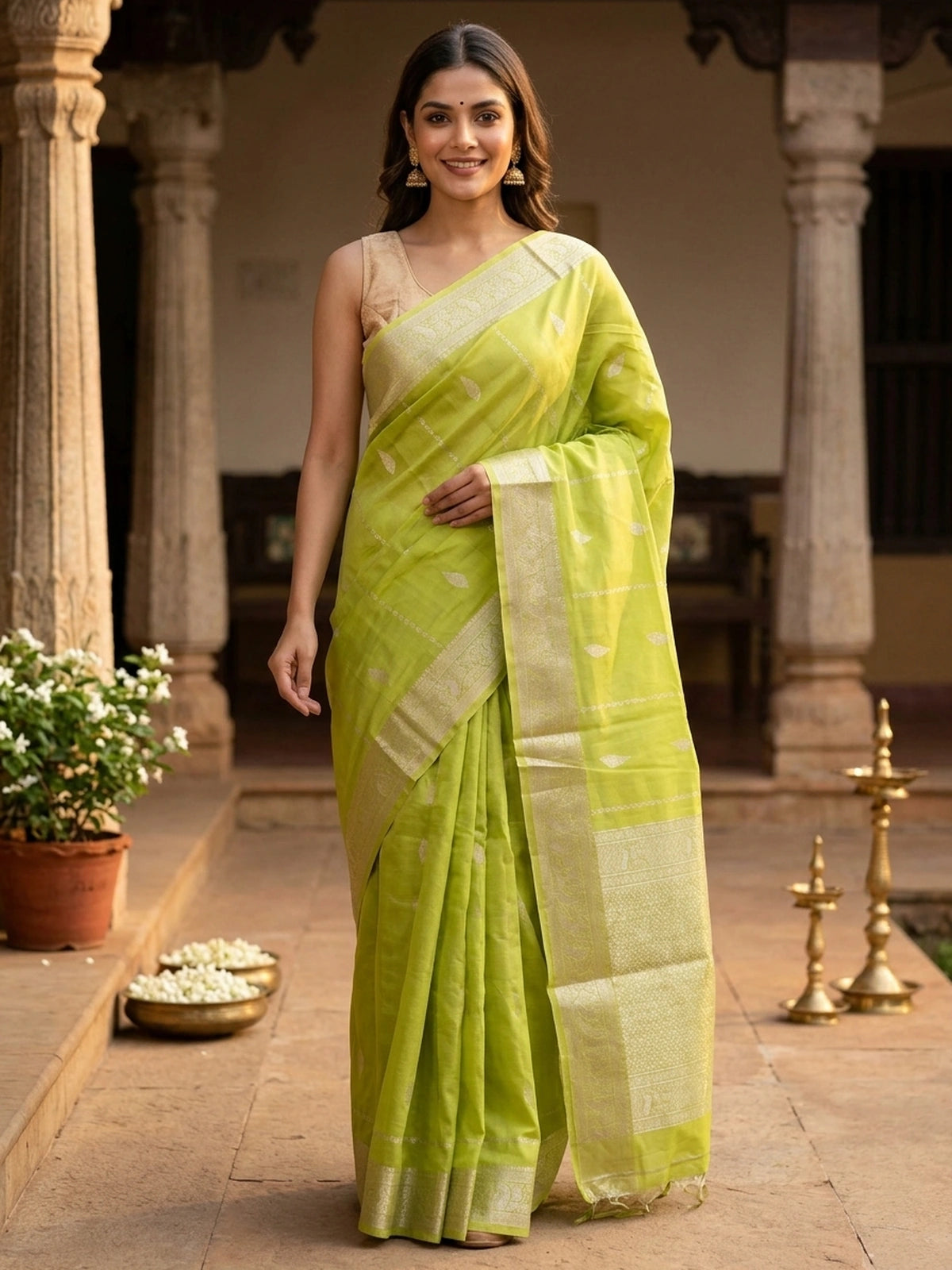 Lime Green and Silver Silk Cotton Saree