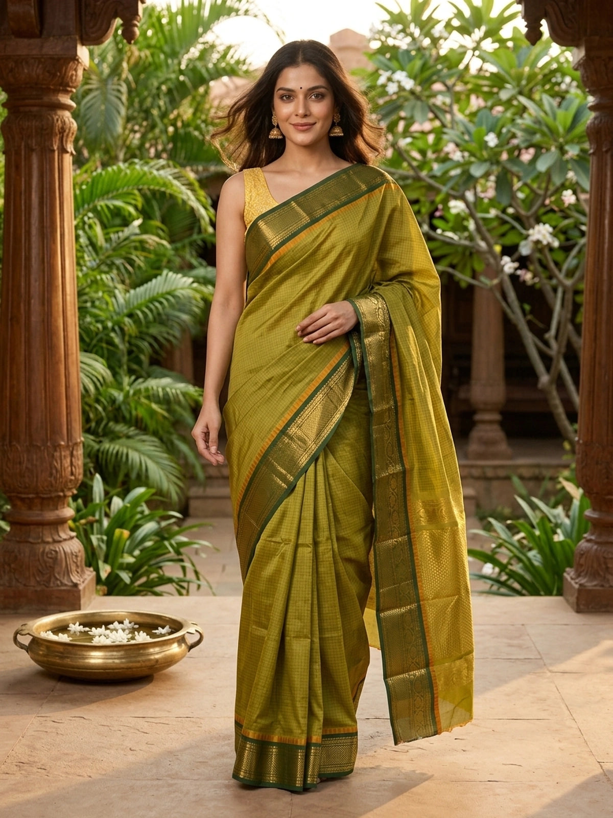Mehendi green Chettinad cotton saree with checked body and gold zari floral border