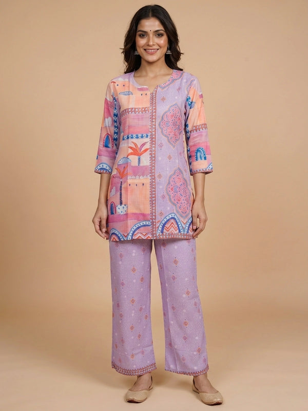 Lilac multicolour printed cotton co-ord set with short kurti top and wide-leg palazzo