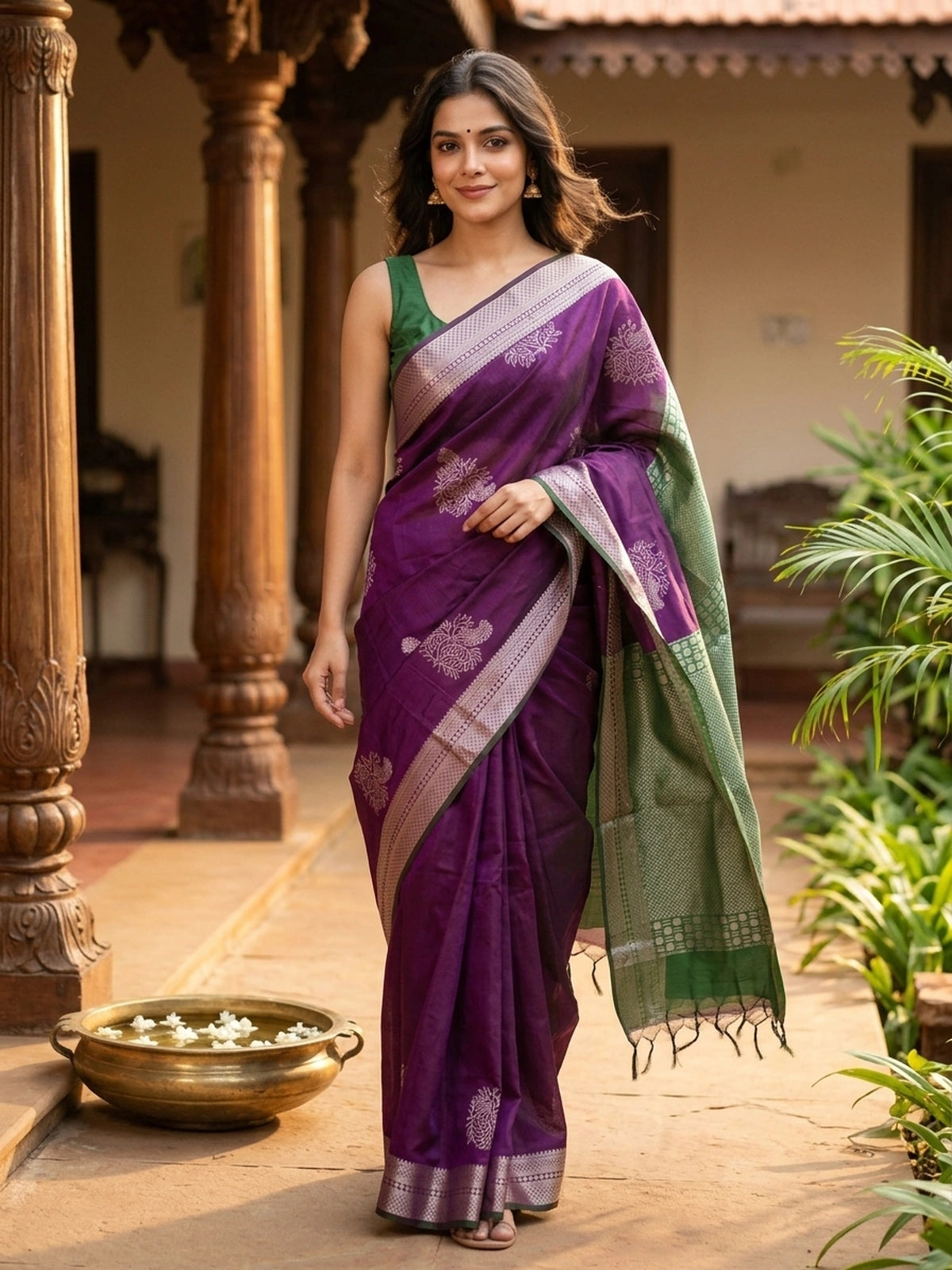 Purple and Green Silk Cotton Saree