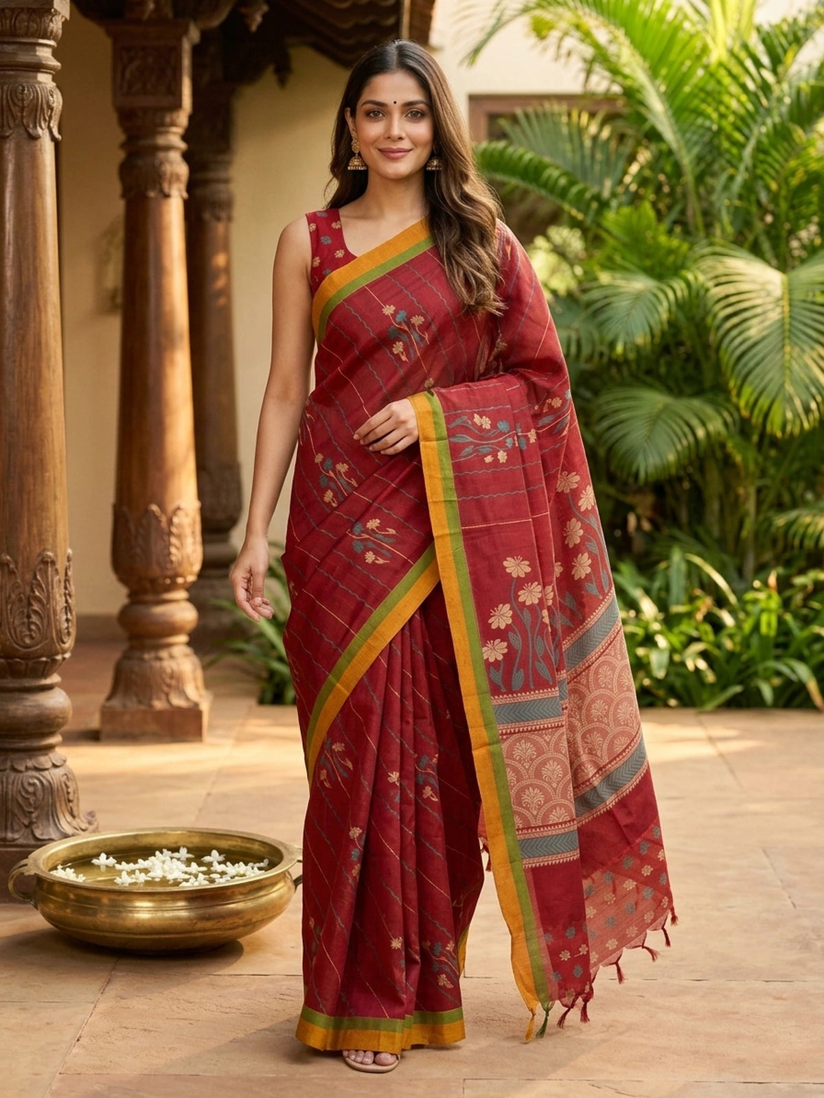 Maroon red silk cotton saree with orange contrast border, floral woven motifs and decorative pallu