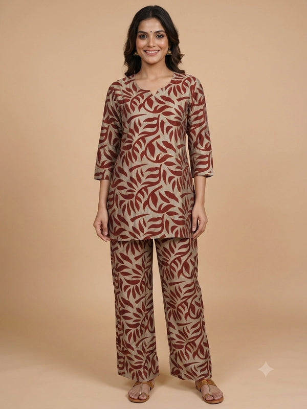 Rust and beige leaf print cotton co-ord set with short kurti and wide-leg pants
