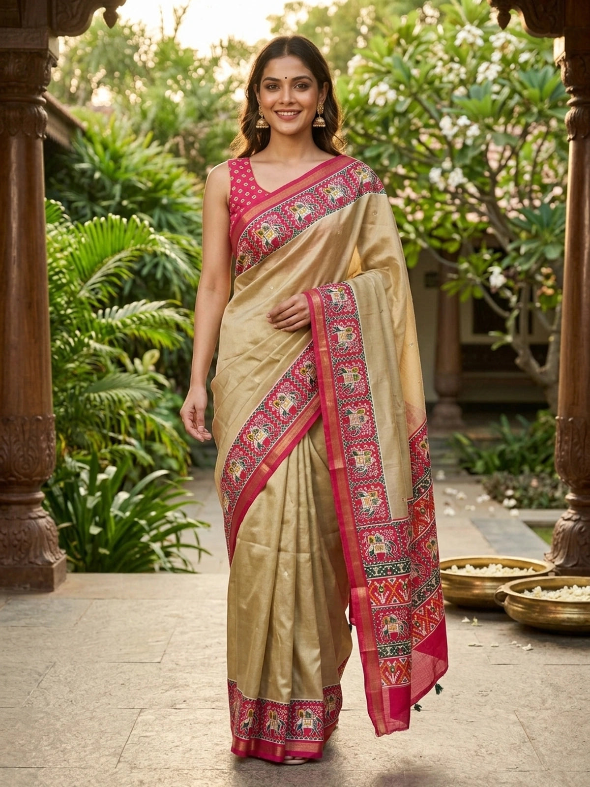 Beige and Red Designer Linen Cotton Saree