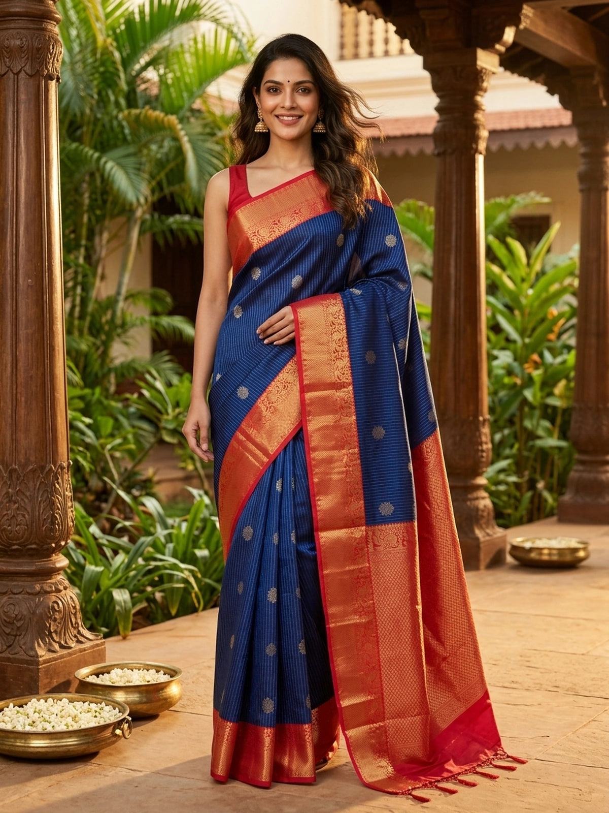 Navy blue pure Kanchipuram silk saree with gold zari stripes, floral buttas and contrast red gold zari border