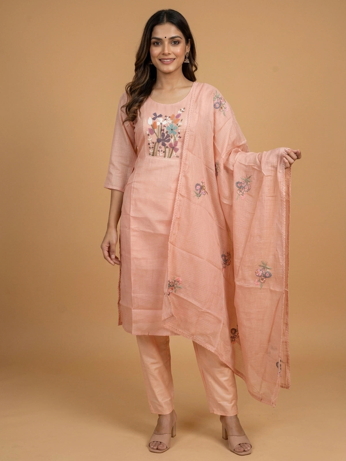 Peach Kota Doria straight cut kurti set with multicolour floral beadwork and embroidered dupatta