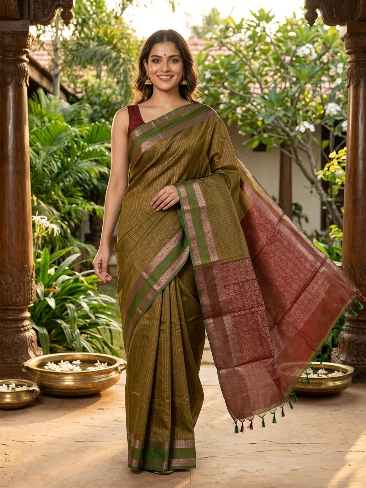 Olive green silk cotton saree with contrast maroon zari border and woven pallu