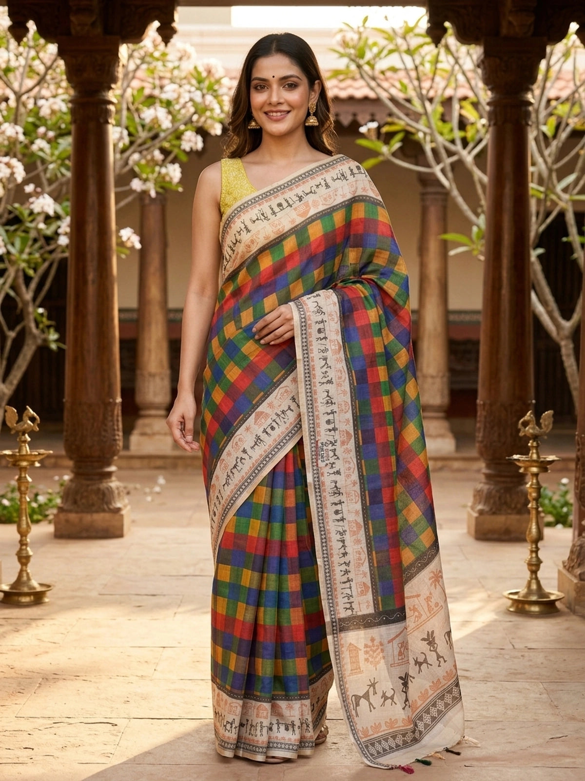 Multicolour Checks Linen Cotton Saree