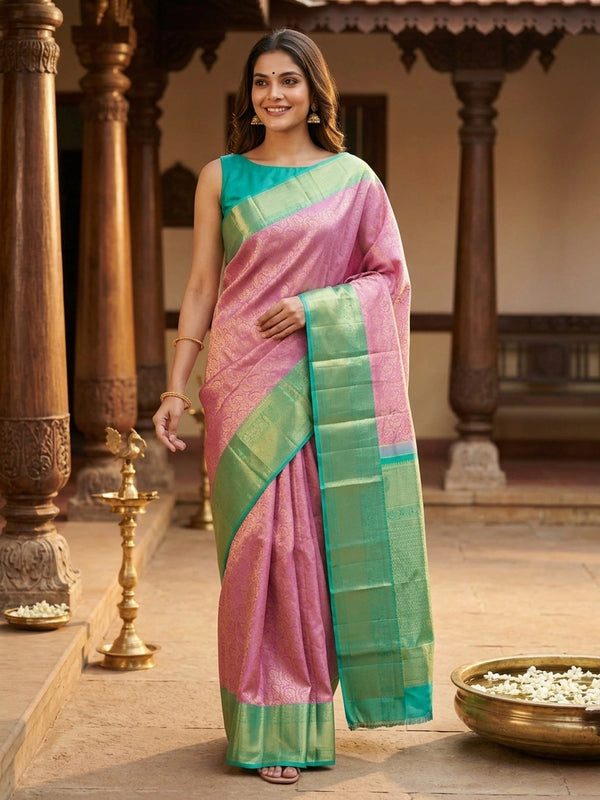 Pink and teal green pure Kanchipuram silk saree with allover gold zari brocade and contrast border