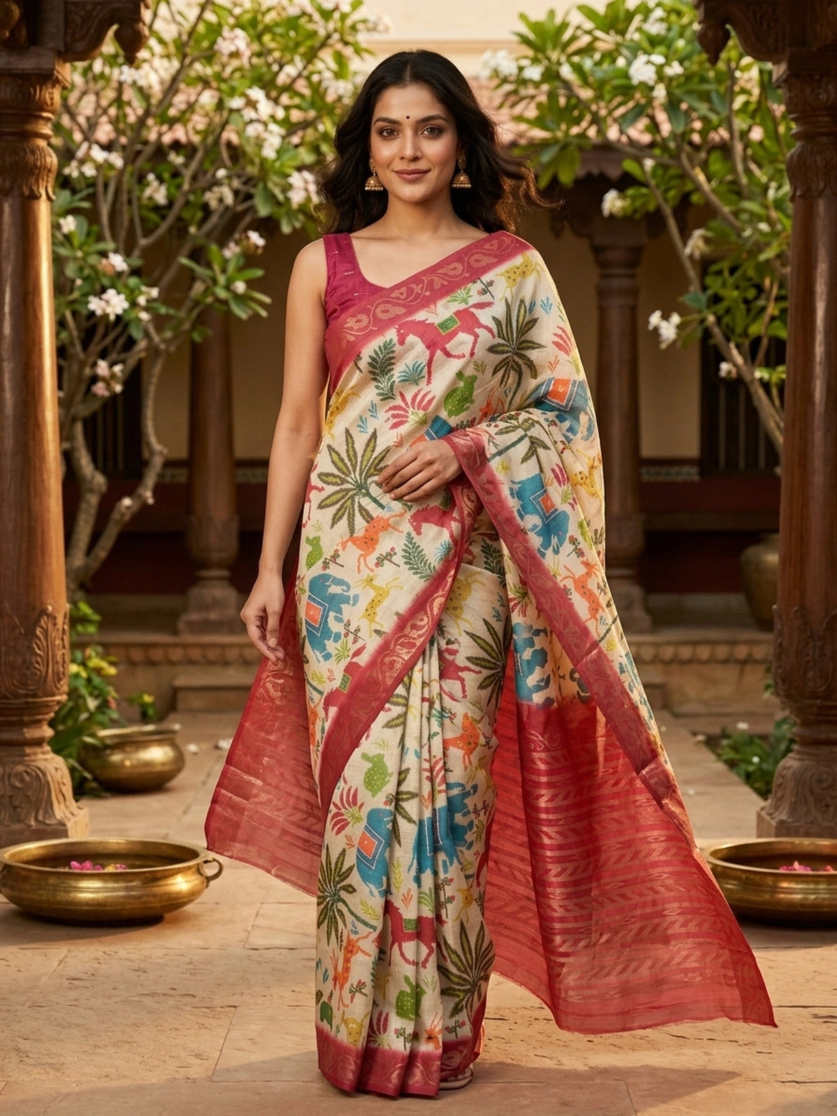 Cream linen cotton saree with multicolour Patola-style animal print and contrast red zari border