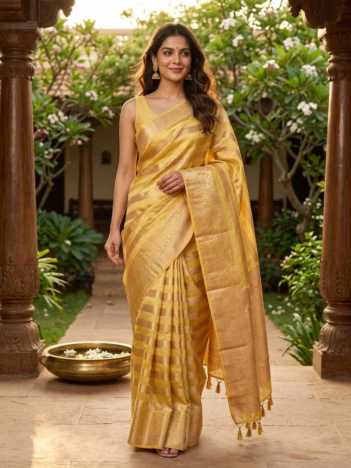 Gold and Cream Pure Kanchipuram Silk Saree