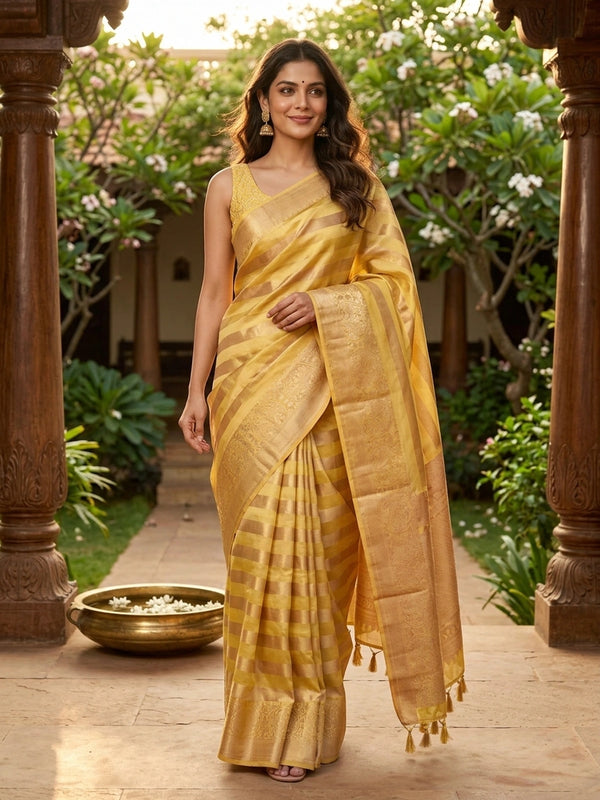 Gold and cream pure Kanchipuram silk saree with diagonal gold zari stripes and an ornate floral zari border
