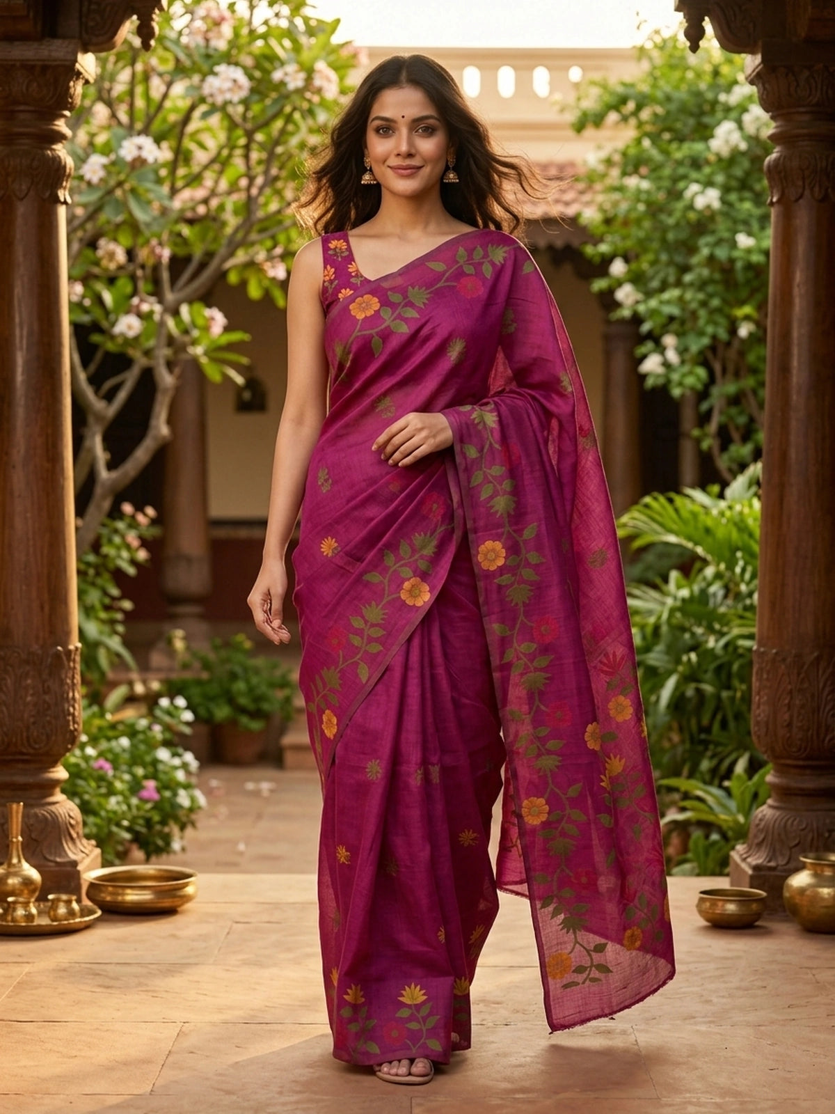 Magenta Pink and Green Linen Cotton Saree