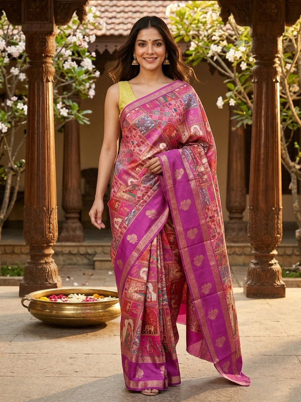 Magenta pink Dola silk saree with Mughal patchwork print and gold zari border