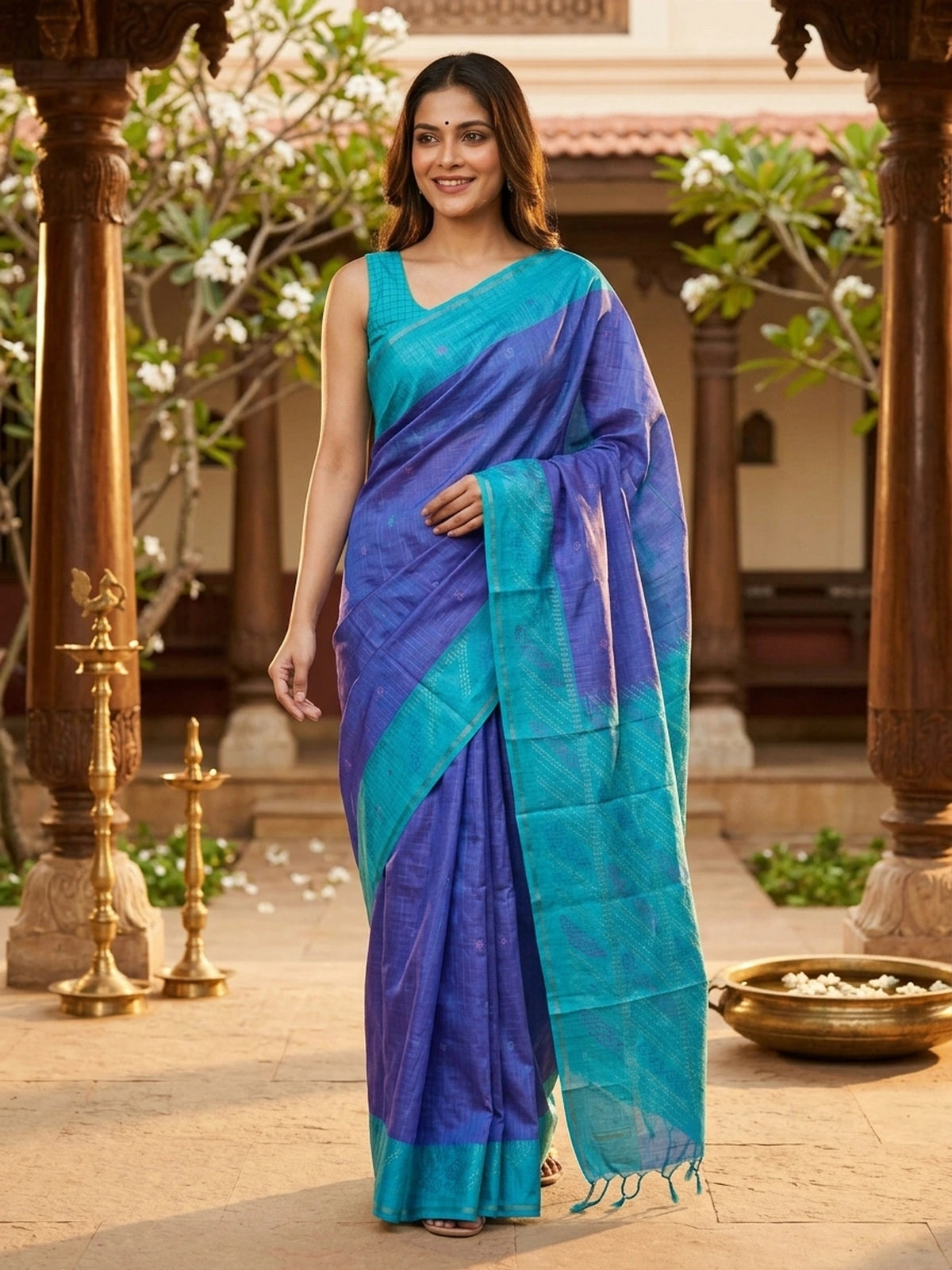 Royal Blue and Turquoise Dola Silk Saree