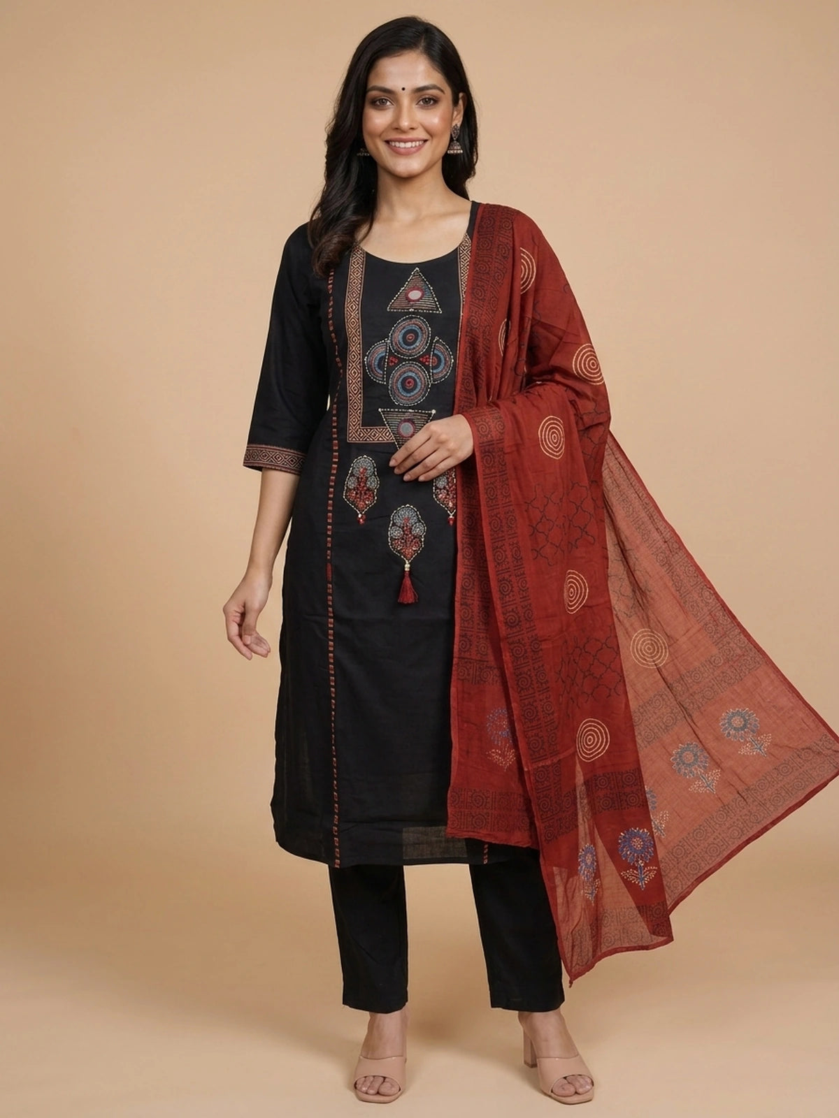 Black cotton straight cut kurti set with Ajrakh print mirror work and rust dupatta
