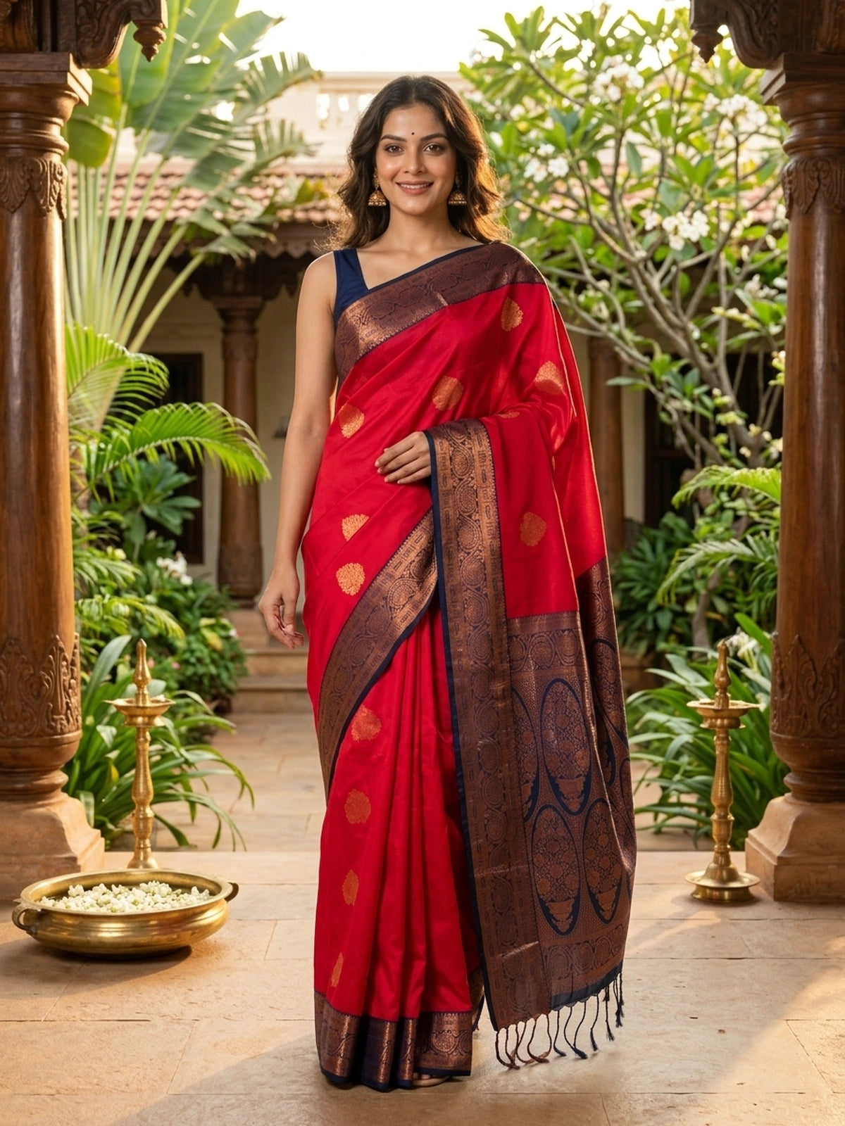 Red and Navy Blue Kanchipuram Fancy Silk Saree