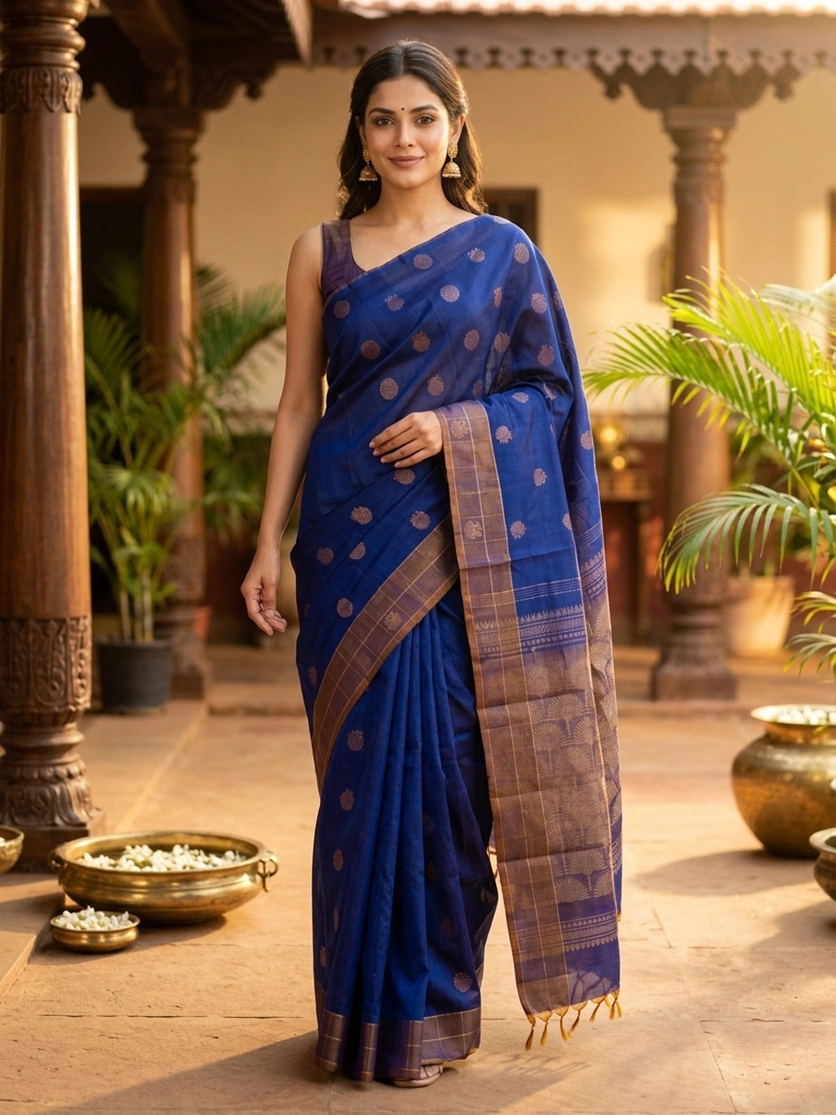 Royal blue pure silk cotton saree with copper-gold zari peacock buttas and contrast border